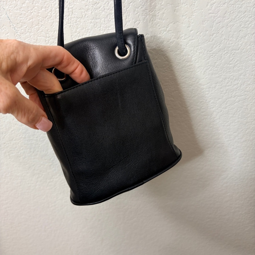 One World by Brighton Black Leather Drawstring Bag Crossbody with Silver Accent - Picture 3 of 9